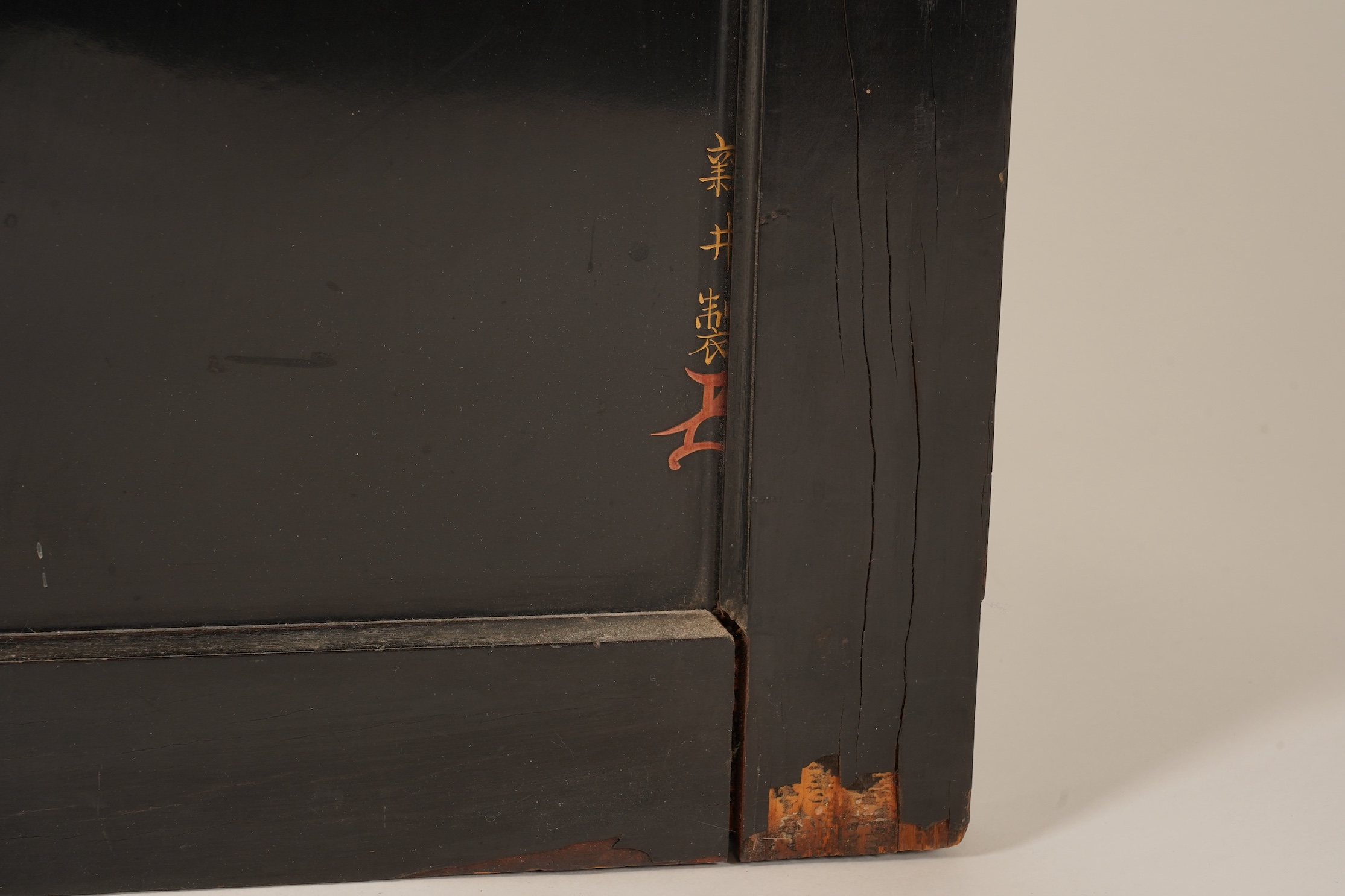 A Japanese inlaid persimmon wood tsuitate screen panel, Meiji period, possibly Tokyo School